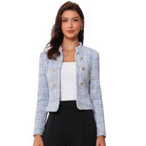 INSPIRE CHIC Women's Tweed Stand Collar Business Open Front Cropped Jacket Small Blue