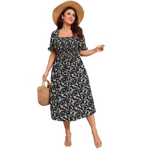 Clearlove Women's Plus Size Square Neck Puff Short Sleeve Self Tie Front A Line Dress - 1 of 4