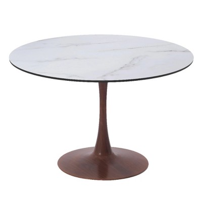 LeisureMod Bristol Round Dining Table with MDF Top and Walnut Steel Pedestal Base for Modern Kitchen and Dining Room