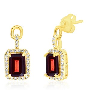 Simona Sterling Silver, Emerald-Cut 5X7 Garnet, White Topaz Border Earrings - Gold Plated - Gold - 1 of 2