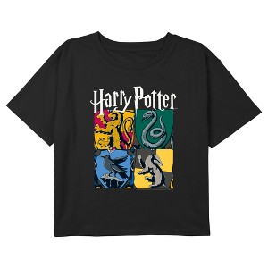 Girl's Harry Potter Four Hogwarts Houses Collage Crop Top T-Shirt - 1 of 3