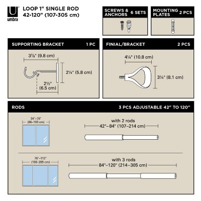 Matte Black Adjustable Loop Curtain Rod 42-120 Inch