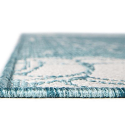 Aqua and Ivory Coastal Synthetic Outdoor Rug, 5' x 8'