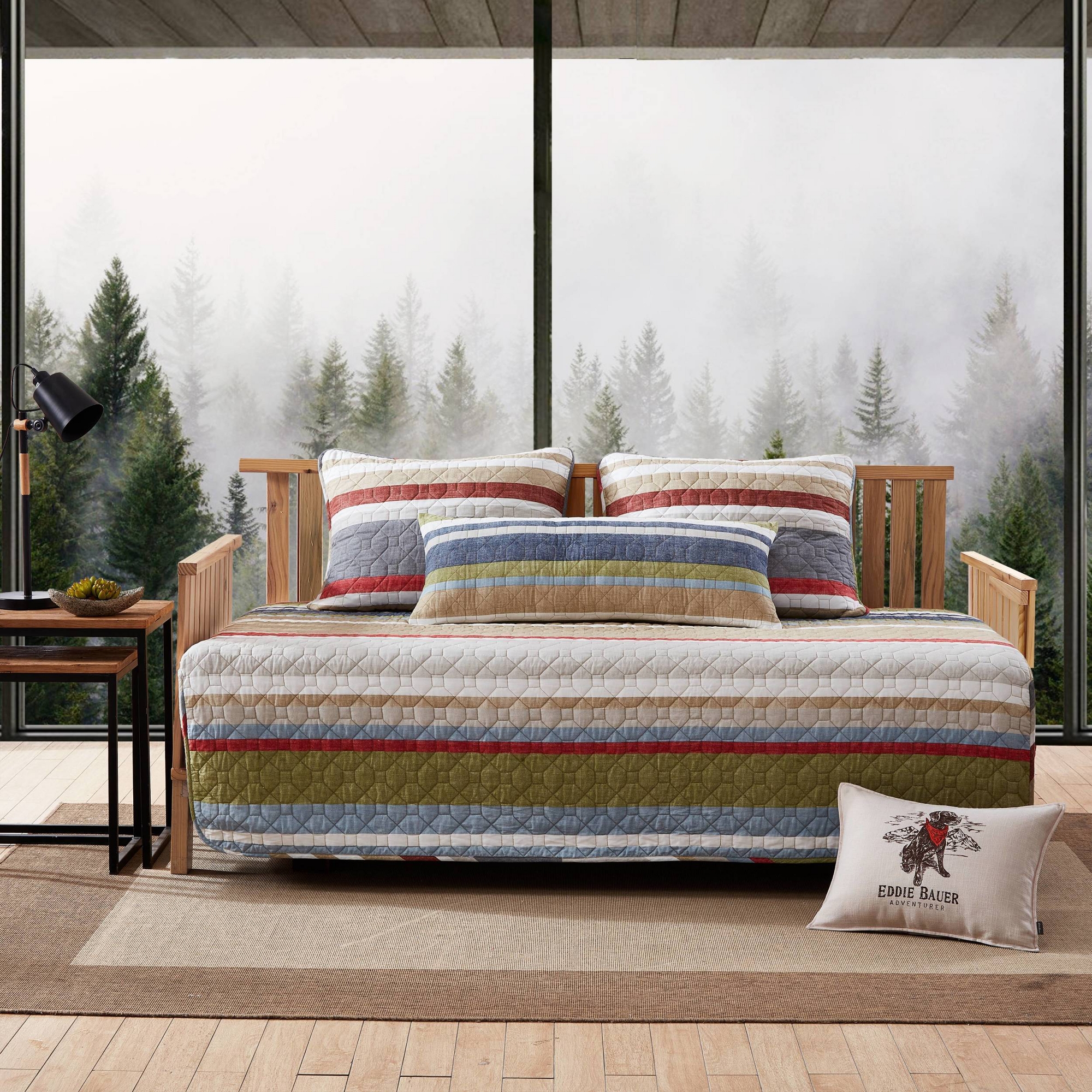 Eddie Bauer 4pc Twin Salmon Ladder Daybed Quilt Bonus Set Green/Blue/Beige: Includes Pillow Shams & Decorative Cushion