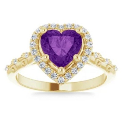Pompeii3 7mm Amethyst Halo Diamond Heart Shape Accent Ring in 14k White or Yellow Gold