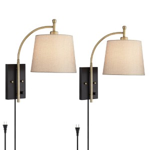 360 Lighting Chester Modern Swing Arm Wall Lamps Set of 2 Brass Black Plug-in Light Fixture Tan Drum Shade for Bedroom Bedside Living Room Reading - 1 of 4
