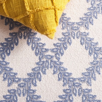 Ivory and Light Blue Hand-Hooked Wool Floral Area Rug, 10' x 14'