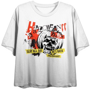 Halloween II Pumpkin skull, Michael Myers, Halloween II text, Slay all day, He's back, ink splash on  White Short Sleeve Adult Crop T-Shirt - 1 of 3