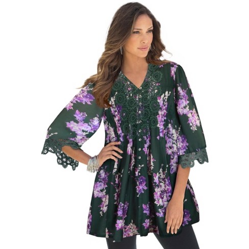 Roaman's Women's Plus Size Juliet Lace Big Shirt - 22 W, Green