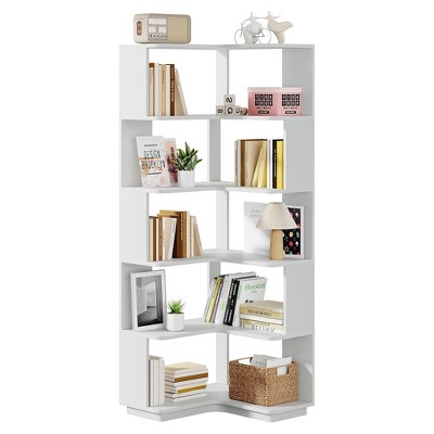 Silver Gray 65" Particle Board 6-Tier Corner Bookshelf with Anti-Drop Panel