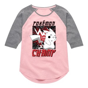 Girls' - Pokémon - Champ Pikachu Shy Shirt Tail Raglan Graphic T-shirt - 1 of 4