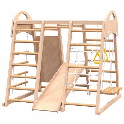 DSVIMOY Indoor Playground, 7-in-1 Jungle Gym Playset for Kids 2-6yrs with Slide, Climbing Wall, Swing, Natural Wood, 55.1"*53.15"*47.24"
