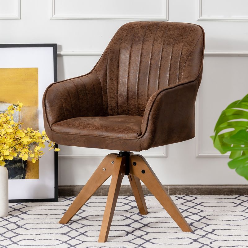 Costway Mid Century Swivel Accent Chair Hot-Stamping Cloth Armchair Retro Brown, 2 of 11
