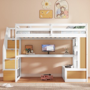 XIYUYEU Full Size Loft Bed Wooden Bed Frame with Desk, Drawers, Shelves and Storage Stair - 1 of 4