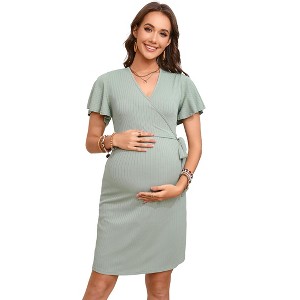 Women's Maternity Dress Short Sleeve Casual Pregnancy Dresses Rib Knit V Neck Pregnant Clothes with Belt - 1 of 4
