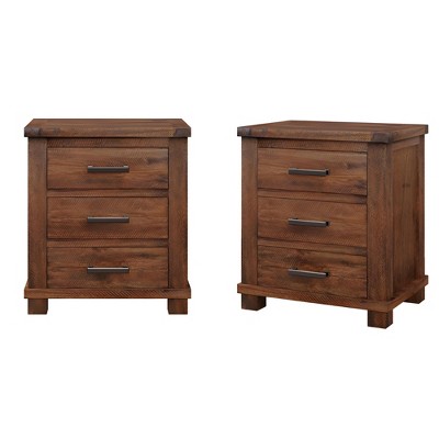 Rustic 3-Drawer Reclaimed Solid Wood Farmhouse Nightstand Set of 2