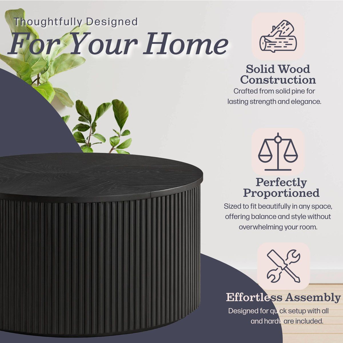 Alaterre Furniture Amos Round Coffee Table for Living Room - 30 Inch Solid Wood Center Table - Mid Century Modern Living Room Furniture (Black) - thumbnail 6