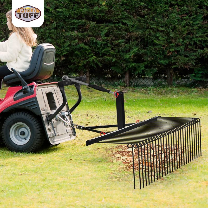 Field Tuff Steel Spring Coil Tine Tow Behind Landscape Rake for Leaves, Pine Needles, Straw, and Grass with 3 Point Hitch Receiver Attachment, Black, 4 of 7