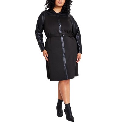 Calvin Klein Womens Faux Leather Mixed Media Shirt Dress