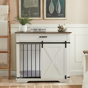 Dog Cage Furniture Thick Wood Pet House - Modern Indoor Wooden Dog Crate Furniture with Sliding Barn Door and Storage Drawer - 1 of 4