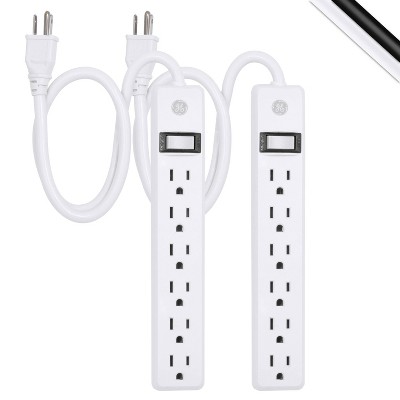 GE 2' Extension Cord with 6 Outlet Power Strip White: 14 AWG Electric Cord, 1800W, UL Listed, Lifetime Warranty