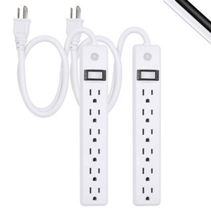 GE 2' Extension Cord with 6 Outlet Power Strip White: 14 AWG Electric Cord, 1800W, UL Listed, Lifetime Warranty - 1 of 4