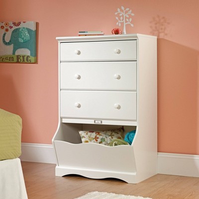 Sauder Pogo 3 Drawer Chest with Storage Bin Soft White: Vertical Dresser for Bedroom, MDF Laminate Finish, Metal Hardware