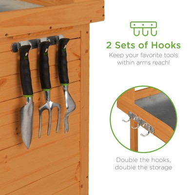 Fir Wood Outdoor Potting Bench with Metal Tabletop and Storage Cabinet