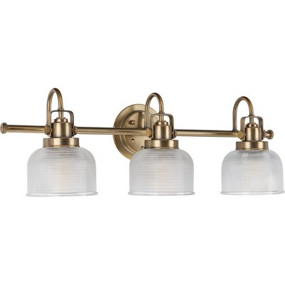 Progress Lighting Archie Collection 3-Light Vanity Fixture Vintage Brass with Prismatic Glass Shade