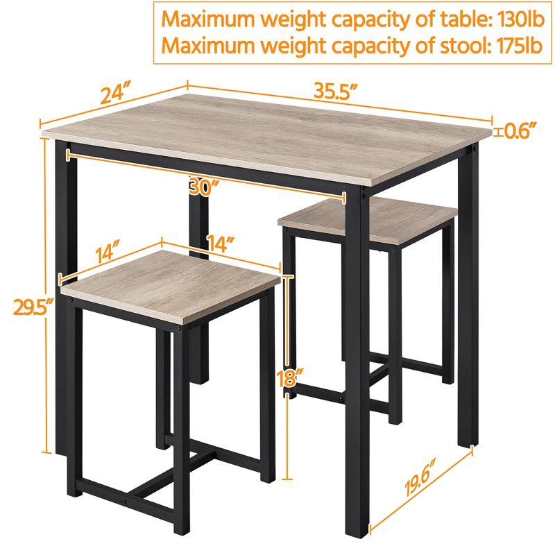 Yaheetech Industrial 3-Piece Space Saving Dining Table Set, for Kitchen, Dining Room, 3 of 8