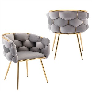 Dronkon Set of 2 Velvet Accent Chairs, Modern Knit Design with Gold Metal Legs for Living Room & Bedroom - 1 of 4