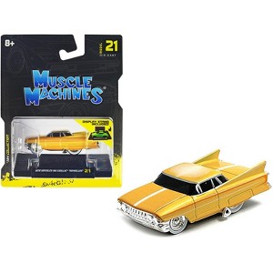 Gene Winfield’s 1961 Cadillac Maybelline Yellow Metallic with White Stripes 1/64 Diecast Model Car by Muscle Machines - 1 of 3