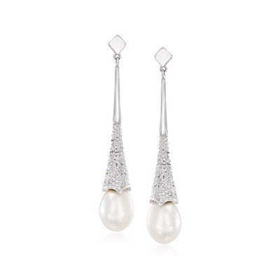 Ross-Simons 7mm Cultured Pearl Drop Earrings With Diamonds in Sterling Silver