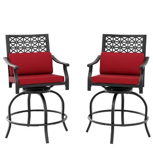 Outdoor Swivel Bar Stools Set of 2, 27.5" Counter Height Patio Chairs with Red Cushion, 360° Rotation, 330Lbs Capacity, Armrest & Back Support - 1 of 4