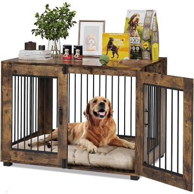 Wooden Dog Crate with Dual Locking Doors, Chew-Resistant Breed Indoor Kennel, Pet Cage End Table