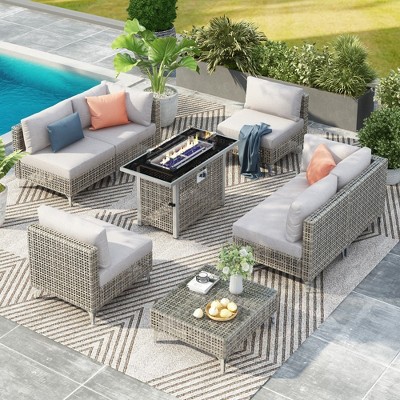 KTMBDW Outdoor Patio Sectional Sofa Couch with 43" Gas Fire Pit Table and Glass Coffee Table for Garden, Poolside, Backyard