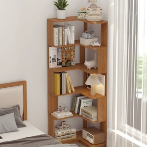 Okak 6 Tier Freestanding L-Shaped Bookshelf Corner Organizer,Wooden Display Bookcase with Anti-Tip Device for Home Office,Study - 1 of 4