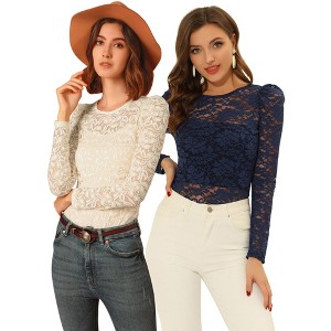 INSPIRE CHIC Women's Vintage Semi-Sheer Puff Long Sleeve Embroidery Lace Floral Blouse 2 Packs - 1 of 4