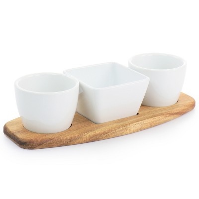 White Ceramic Tidbit Dish Set with Acacia Wood Base