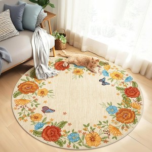 coucheta 4x4 ft Area Rug, Low Pile, Washable Round Rugs,Stain Resistant, Non Slip, Modern Floral Scalloped Carpet for Bedroom, Living Room, Yellow - 1 of 4