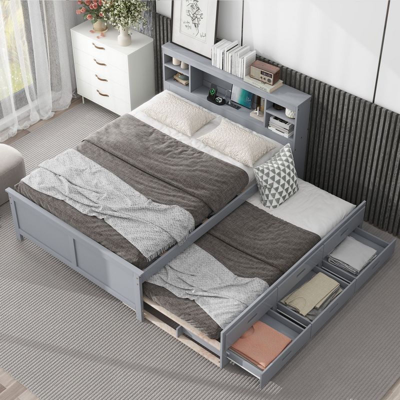 Full/Twin Size Wood Platform Bed with Storage Headboard, USB, Trundle Bed and 3 Drawers-ModernLuxe, 1 of 15