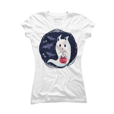 Junior's Design By Humans halloween ghost cat By ArtStyleAlice T-Shirt