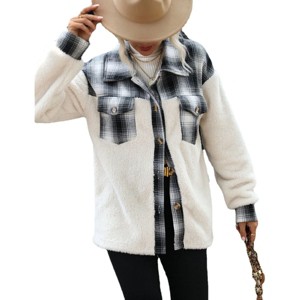 Coolmee Women's Flannel Button Down Fleece Jacket Fall Fuzzy Plaid Blouse Jacket Winter Lightweight Coats - 1 of 4