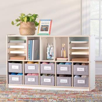 Guidecraft EdQ Shelves and 10 Bin Storage Unit 30": Wooden Bookshelf with Cubbies, Classroom and Homeschool Educational Furniture