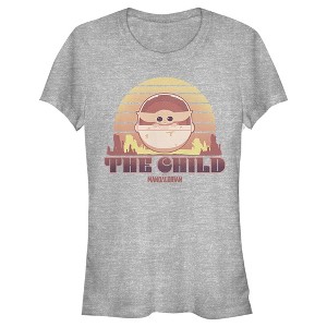 Juniors Womens Star Wars The Mandalorian The Child Cartoon Retro Sunset T-Shirt - 1 of 3