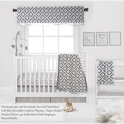 Bacati - Love Design/Print Gray/Silver 10 pc Crib Bedding Set with 2 Crib Fitted Sheets