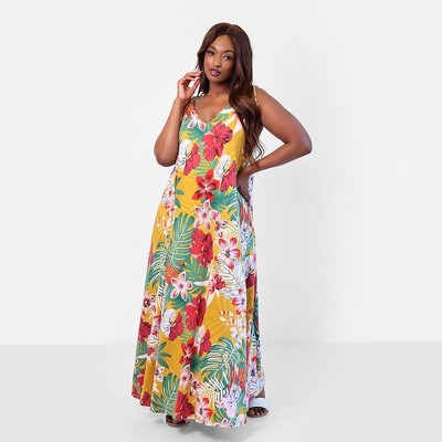 Rebdolls Women's Getaway Tropical Print Slip Maxi Dress