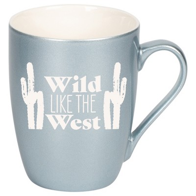 100 North Cactus Design 10 Ounce Frosted Blue Metallic Finish, Comfortably Fits Your Hands, New Bone China Coffee Tea Cup Mug, Wild Like The West