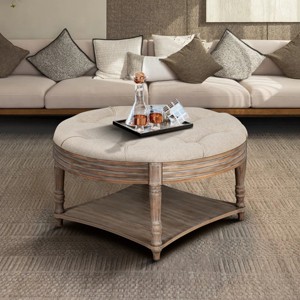 31" Round Tufted Ottoman Coffee Table with Lift-Top Hidden Storage,2-Tier Waterproof Linen Ottoman for Living Room-Baofuwish - 1 of 4
