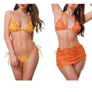 INSPIRE CHIC Women's Water Ripples Colorblock Halter Tie Back Top Triangle Bottom Mesh Cover Up Swimwear Bikini 2 Sets - 1 of 4
